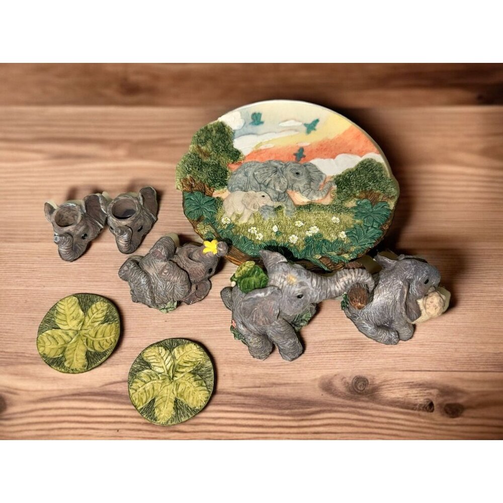 Vintage Popular Imports 10 Piece African Elephants Resin Miniature Tea Set